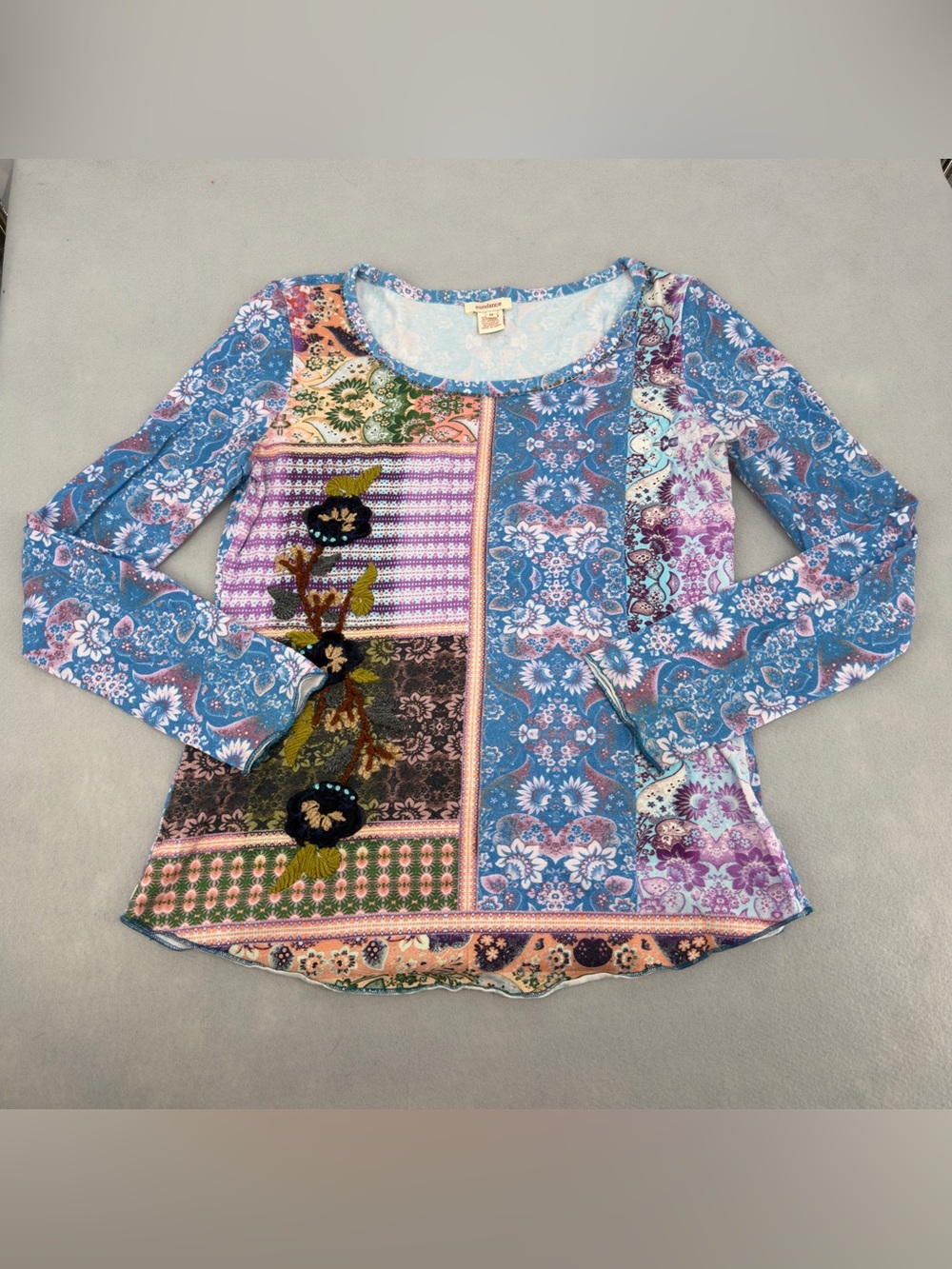 Sundance Boho Patchwork Floral Embroidered Long Sleeve Top Medium